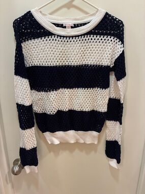 Xhilaration Navy & White Striped Open-Knit Crew Sweater